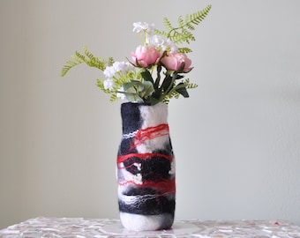 Wet Felted Glass Vase made from Starbucks bottle - Repurposed, Upcycled, Merino Wool and Glass Jar - OOAK - Red, Black, Gray and White