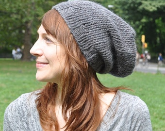 Charcoal Gray Women's Knit Hat - Wool Ribbed Slouchy Knit Hat - Unisex - Women's gift