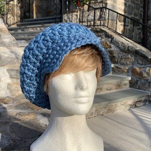 Blue Slouchy Hat, Women's Newsboy Hat, Crocheted Hat, Brimmed Hat in Wool Acrylic Blend Ready to ship image 2