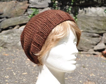 Slouchy Brown Knit Hat - Wool Ribbed Knit Slouch Hat - Women or Mens Hat - Silk and Wool Hat - Natural Fiber - Lightweight and Soft Hat