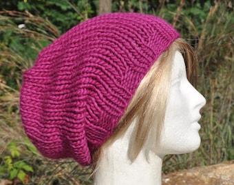 Fuchsia Knit Hat - Wool Ribbed Slouchy Knit Hat - Woman's hat