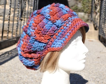 Fine Wool Hat with Brim - Blue, Purple and Red Crocheted Newsboy Hat - Women's Wool Hat Newsboy Style - Multicolored Hat