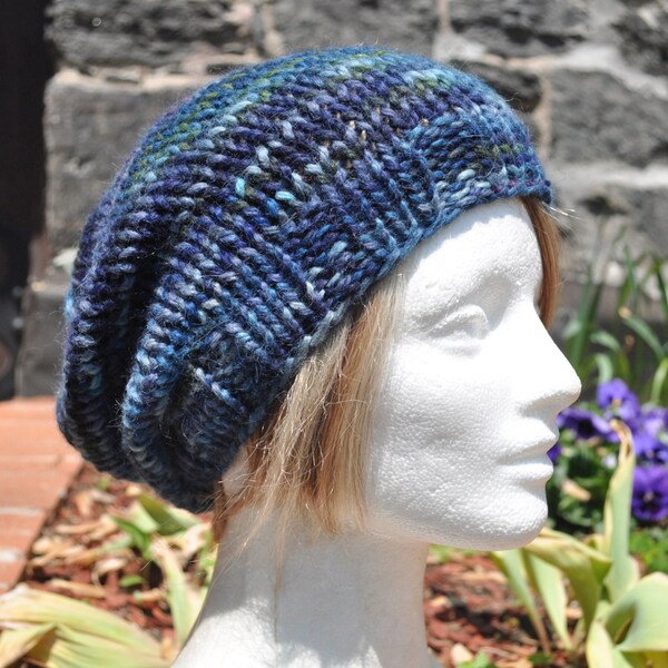 Multicolored Blues Knit Hat - Wool Ribbed Slouchy Knit Hat - Woman's hat Baby Alpaca