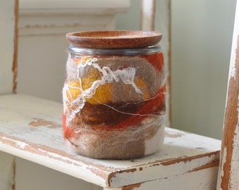 Wet Felted Glass Yogurt Jar with Cork Stopper or Wood Lid- Repurposed, Upcycled, Merino Wool and Glass Jar - OOAK stash jar or planter