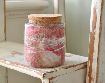 OOAK stash jar or planter - Glass Yogurt Jar with Cork Stopper or Wood Lid- Repurposed, Upcycled, Merino Wool and Glass Jar - Corals