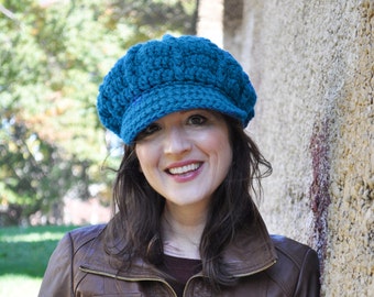 Woman's Crochet Hat - Sapphire Blue - Crocheted Newsboy Hat for Adult - Blue Hat with Brim for Women