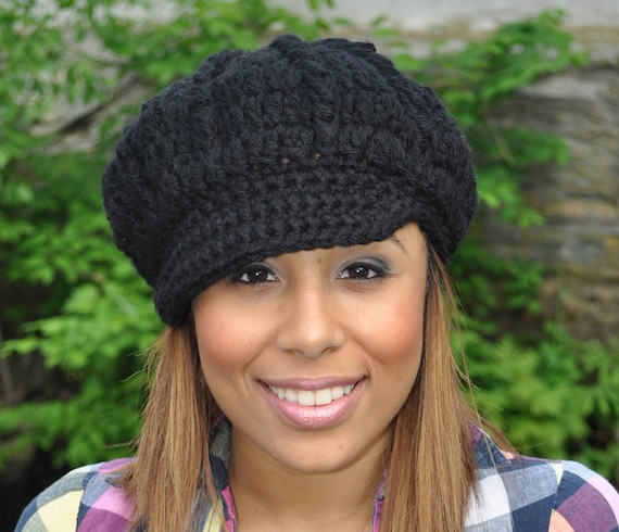 Black Newsboy Hat Crochet Hat With Brim Black Hat Winter Hat for Women Black Brimmed Hat Etsy