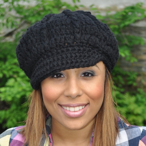 Black Newsboy Hat - Crochet Hat with Brim - Black Hat - Winter Hat for Women - Black Brimmed Hat