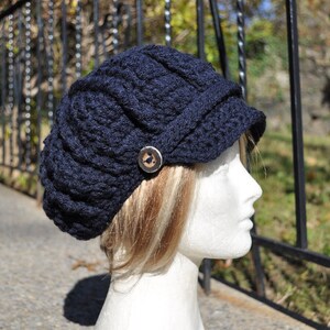 Navy Blue Newsboy Hat Crocheted Women's Hat with Brim Winter and Fall Accessories Navy Blue Hat Bild 5