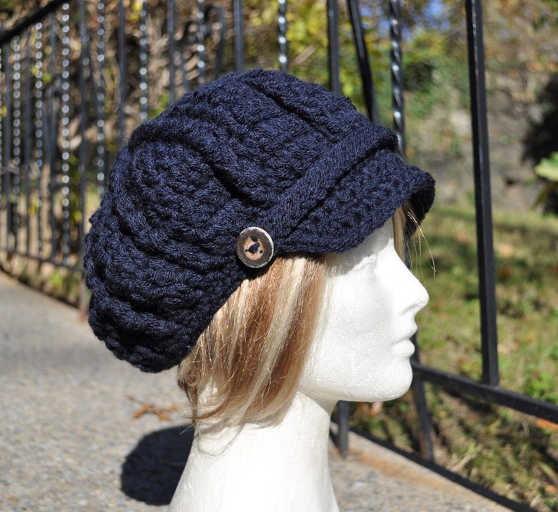 Navy Blue Newsboy Hat Crocheted Women's Hat with Brim Winter and Fall Accessories Navy Blue Hat Bild 5