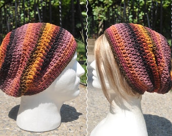 Crochet Slouchy Hat - Unisex  Crochet Hat - Loose Fitting Unisex Multicolored Skullcap - Striped Beanie Hat