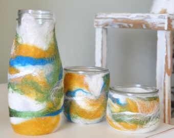 Set of 3 Glass Jars Wet Felted with Wool and Silk - Blue Gold and Green - Upcycled