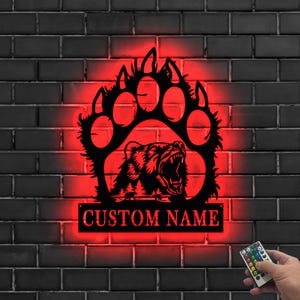 Personalized Bear Paw Metal Sign LED Light,Bear Paw Metal Wall Art, Custom Bear Sign, Grizzly Bear Claw Decor, Wildlife Wall Decor Xmas Gift