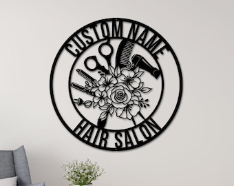 Personalized Hair Salon Name Barber Sign, Custom Hair Dresser Sign, Hair Stylist Name, Monogram Sign Metal Wall Art Handmade Business Sign