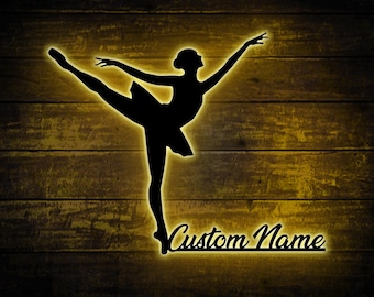 Personalized Modern Dance Metal Wall Art LED Lights Custom Girl Ballet Dancing Name Sign, Dancer Name Sign Decor Gift for dancer Kid Nursery