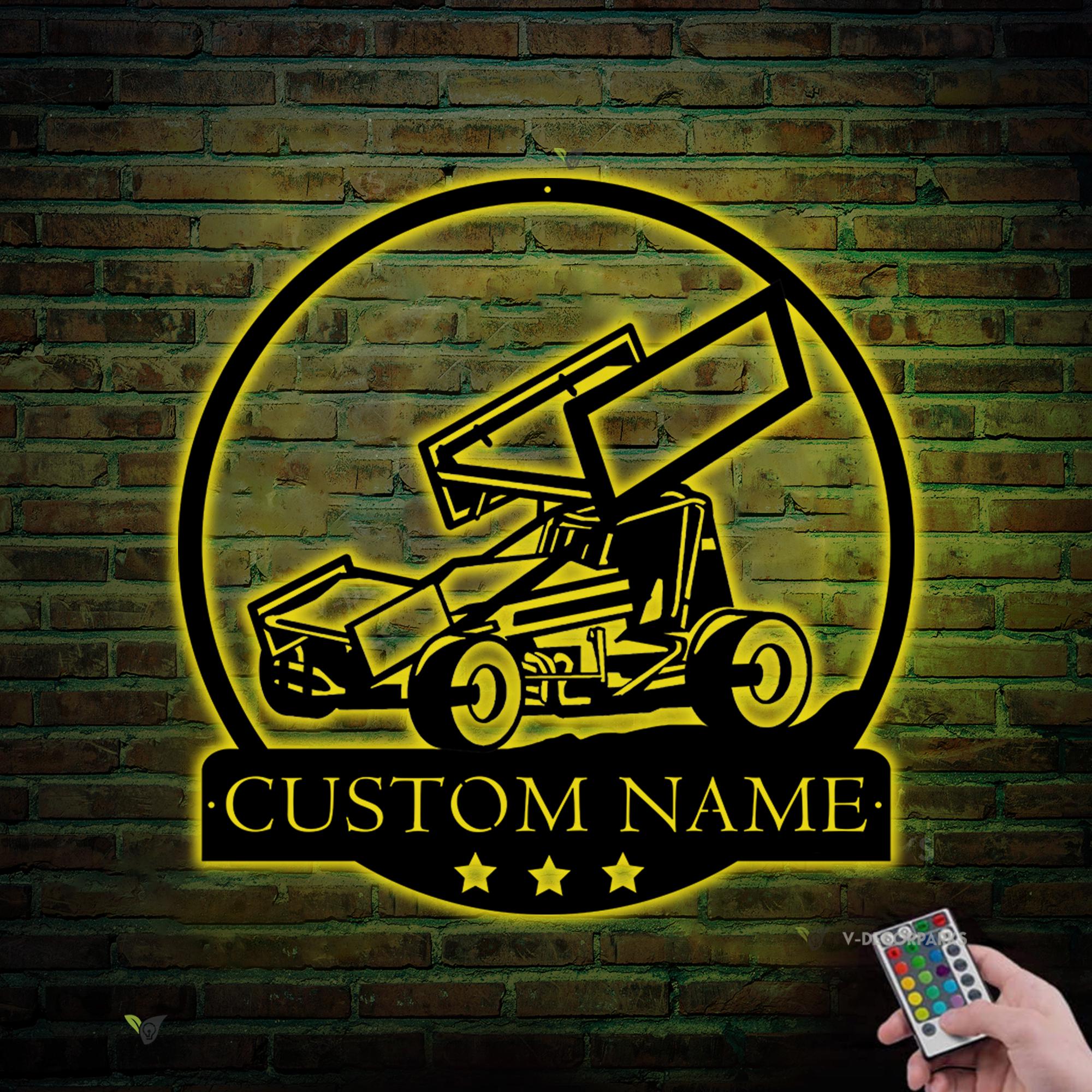 Personalized Sprint Car Metal Wall Art LED Lights, Custom Sprint Car Metal Signs, Garage Name Metal Wall Decor, Car Wall Hanging, Xmas Gift