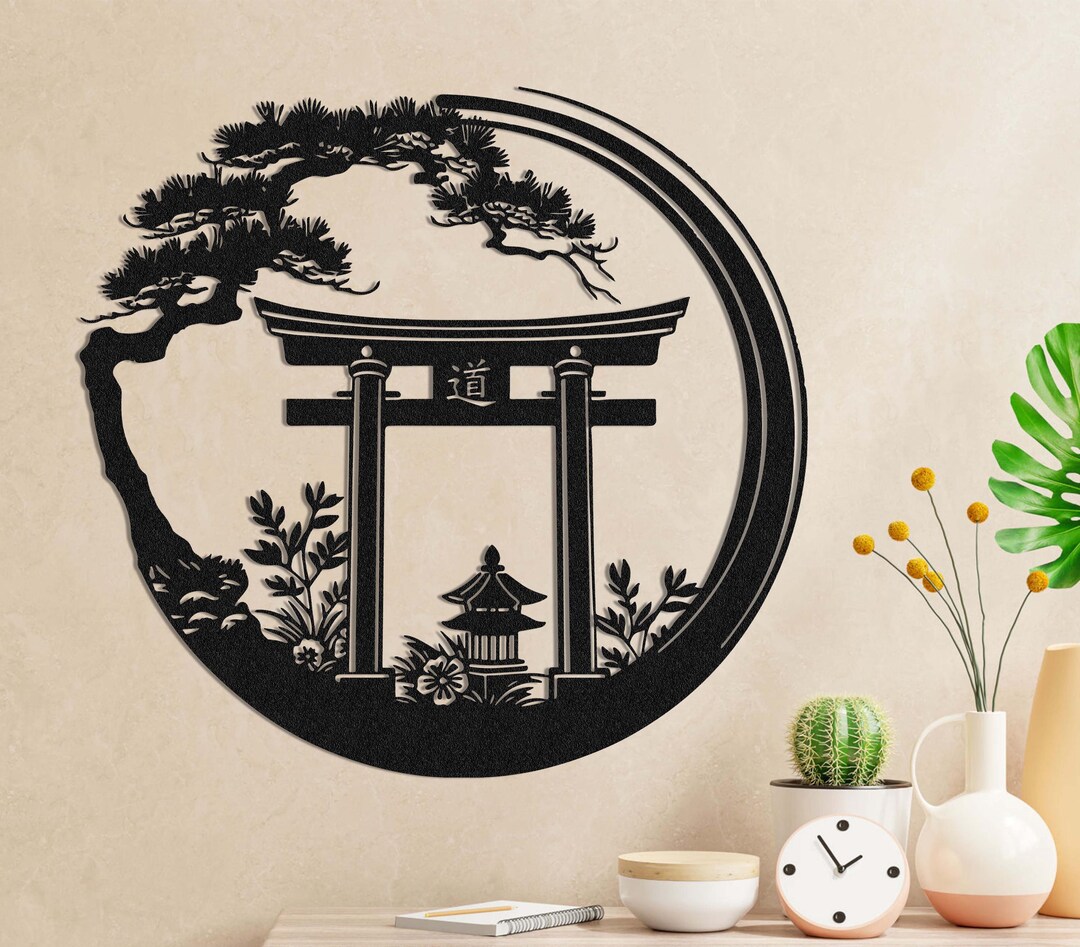 Enso Circle With Torii Gate Metal Wall Decor, Japanese Bedroom Decor ...
