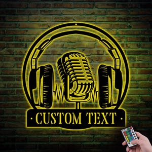Personalized Music Audio Studio Metal Wall Art with LED Lights, Custom Microphone Headphones Name Sign, Microphone Metal Sign, Musician Room