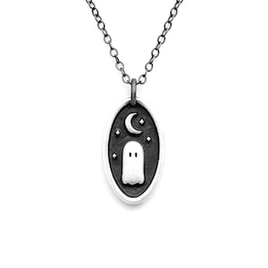 Tiny Ghost Necklace under a Crescent Moon. Haunted Holidays Gift ,Perfect Christmas Gift for Halloween Lovers