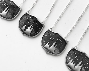 Family Tree Personalized Shield Necklace, Custom Gift for Mom, Silver Big Dipper + Little Dipper Stars Mountain Necklace, 1-3 Children Charm