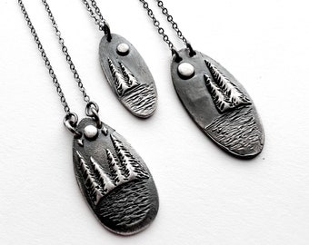 Full Moon Lake Series Necklaces and Pendant. Nature Inspired Trees around a Lake under the Full Moon