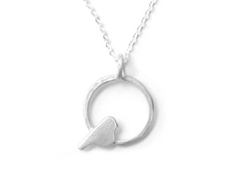 Circle Bird Necklace with Bright White Finish