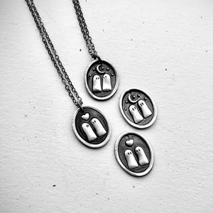 Ghosts in Love Charm Necklace under a Heart or Moon. Perfect Ghostie Christmas Gift for Halloween Lovers.