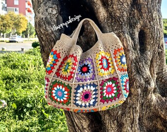 Knitted Patchwork Large Shoulder Bag, Colorfull Crochet Granny Square Tote Bag, Mother Day Gift, Birthday Gift, For Her Gift