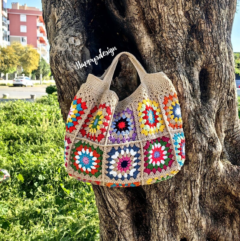 Knitted Patchwork Large Shoulder Bag, Colorfull Crochet Granny Square Tote Bag, Mother Day Gift, Birthday Gift, For Her Gift zdjęcie 1