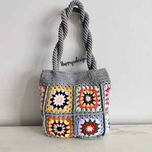 Knitted Patchwork Large Shoulder Bag, Colorfull Crochet Granny Square Tote Bag, Mother Day Gift, Birthday Gift, For Her Gift zdjęcie 1