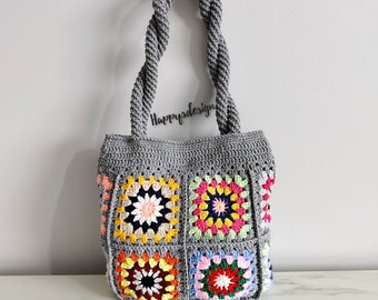 Knitted Patchwork Large Shoulder Bag, Colorfull Crochet Granny Square Tote Bag, Mother Day Gift, Birthday Gift, For Her Gift