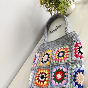 Knitted Patchwork Large Shoulder Bag, Colorfull Crochet Granny Square Tote Bag, Mother Day Gift, Birthday Gift, For Her Gift zdjęcie 3