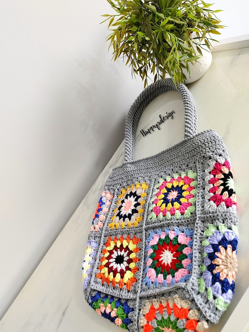 Knitted Patchwork Large Shoulder Bag, Colorfull Crochet Granny Square Tote Bag, Mother Day Gift, Birthday Gift, For Her Gift zdjęcie 3