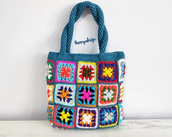 Knitted Patchwork Large Shoulder Bag, Colorfull Crochet Granny Square Tote Bag, Mother Day Gift, Birthday Gift, For Her Gift