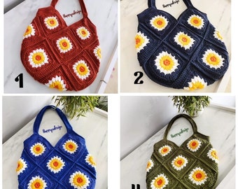 Knitted Patchwork Large Shoulder Bag, Colorfull Crochet Sunflower Tote Bag, Mother Day Gift, Birthday Gift, For Her Gift. Flower, Summer