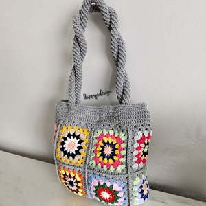 Knitted Patchwork Large Shoulder Bag, Colorfull Crochet Granny Square Tote Bag, Mother Day Gift, Birthday Gift, For Her Gift zdjęcie 2