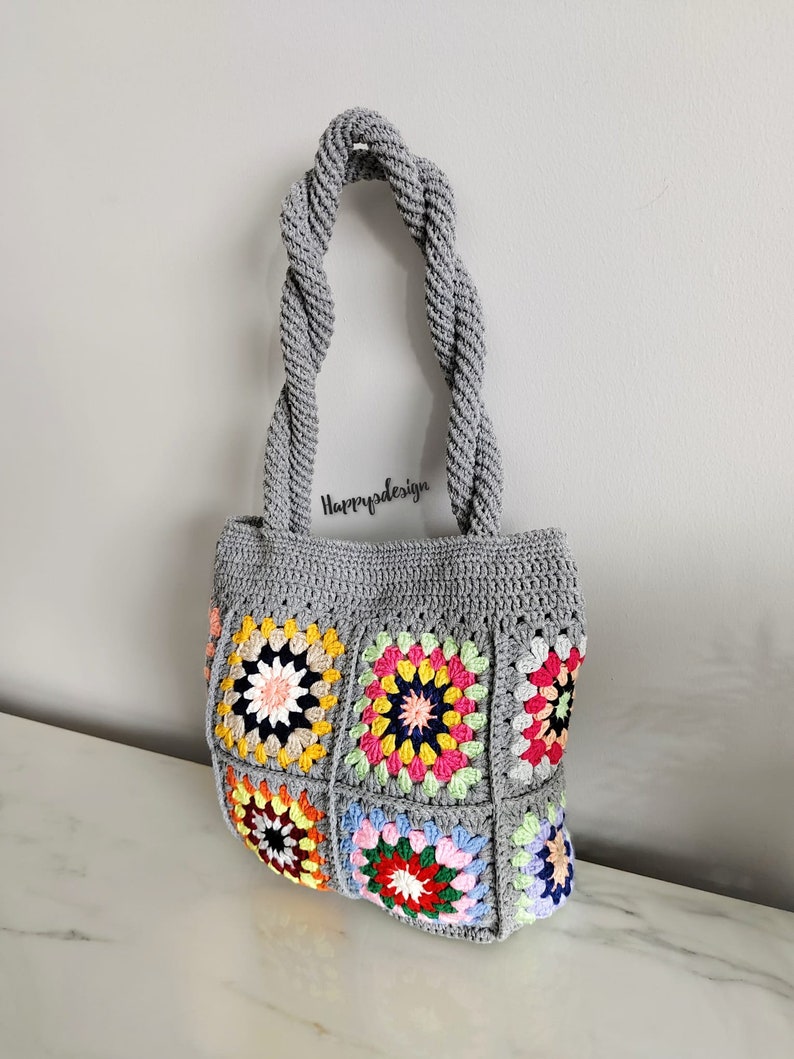 Knitted Patchwork Large Shoulder Bag, Colorfull Crochet Granny Square Tote Bag, Mother Day Gift, Birthday Gift, For Her Gift zdjęcie 2