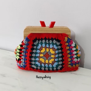 Monedero de crochet con cierre de beso, bolso cuadrado de abuela,