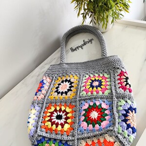 Knitted Patchwork Large Shoulder Bag, Colorfull Crochet Granny Square Tote Bag, Mother Day Gift, Birthday Gift, For Her Gift zdjęcie 4