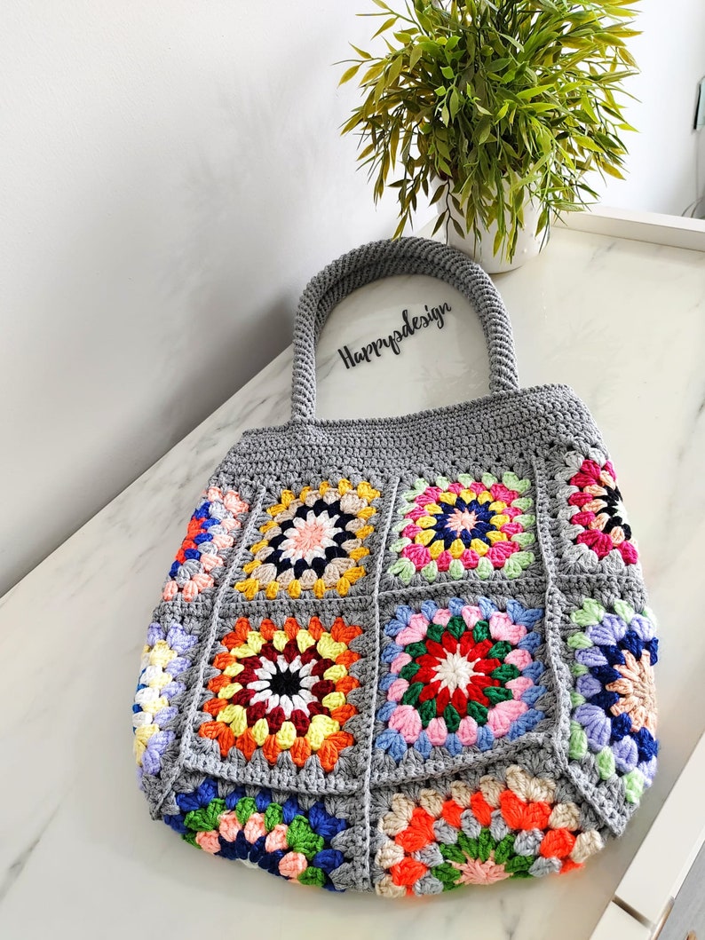 Knitted Patchwork Large Shoulder Bag, Colorfull Crochet Granny Square Tote Bag, Mother Day Gift, Birthday Gift, For Her Gift zdjęcie 4