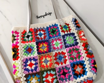 Crochet Patchwork Large Shoulder Bag, Colorfull Crochet Evil Eye Tote Bag, Mother Day Gift, Birthday Gift, For Her Gift