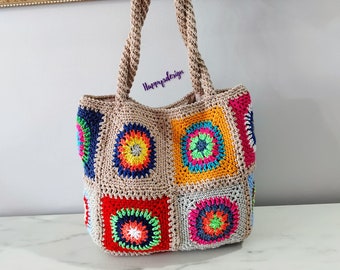 Knitted Patchwork Large Shoulder Bag, Colorfull Crochet Granny Square Tote Bag,Mother Day Gift,Birthday Gift, For Her Gift