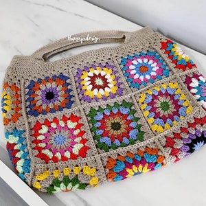 Knitted Patchwork Large Shoulder Bag, Colorfull Crochet Granny Square Tote Bag, Mother Day Gift, Birthday Gift, For Her Gift zdjęcie 6