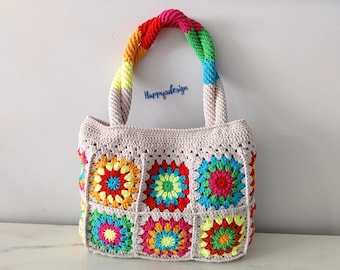 Knitted Patchwork Large Shoulder Bag, Colorfull Crochet Granny Square Tote Bag, Mother Day Gift, Birthday Gift, For Her Gift