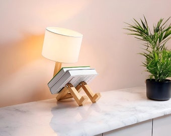 Hand Crafted, Nordic Art, Wooden Robot Shaped Table Lamp, Bedroom bedside lamp, Study Décor, Desk Lamp, LED Lights, Adjustable Lighting