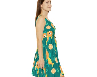 Teal Orange Bird Pattern Women's Skater Dress (AOP)