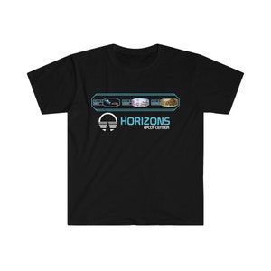 May include: Black t-shirt featuring a retro design with the word "HORIZONS" in blue, along with the Epcot Center logo. The design includes three rectangular panels depicting scenes from space, desert, and underwater environments.