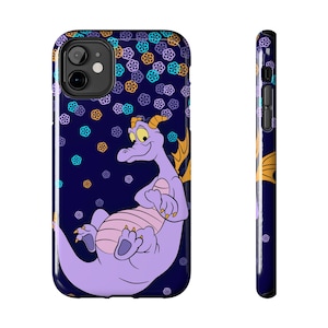 May include: A phone case featuring a purple dragon character with yellow horns and wings, set against a dark blue background with colorful geometric shapes. The case is shown from the front and side.
