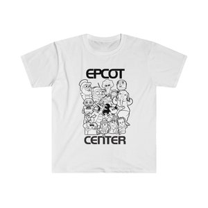 以下が含まれることがあります： 白のTシャツ。黒と白の漫画のキャラクターのグラフィックと「EPCOT CENTER」の文字がプリントされています。柔らかく快適な素材で作られています。