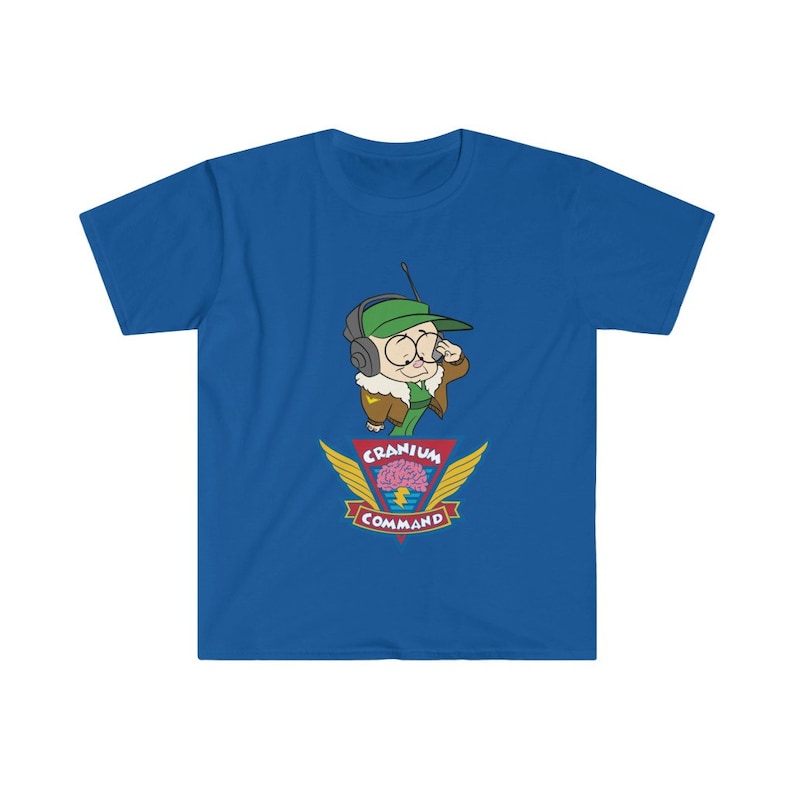 May include: Royal blue t-shirt with a cartoon character wearing a green cap and aviator jacket, with a radio headset. Below the character is a crest with a brain graphic and the words "Cranium Command".